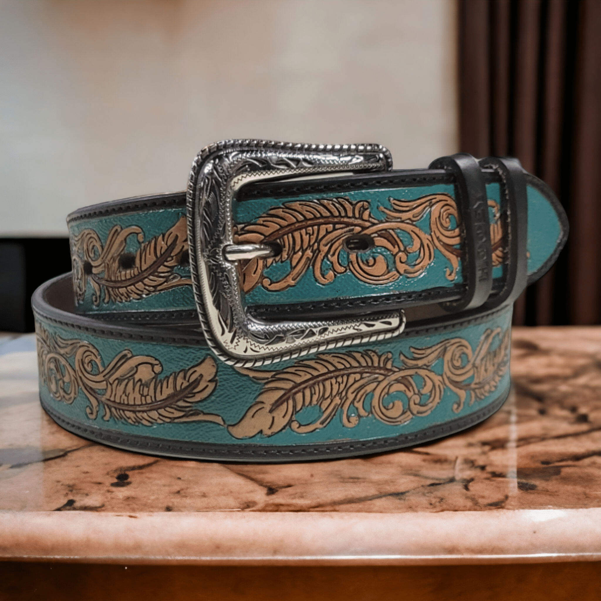 Hooey Hand Tooled Feather Leather Belt