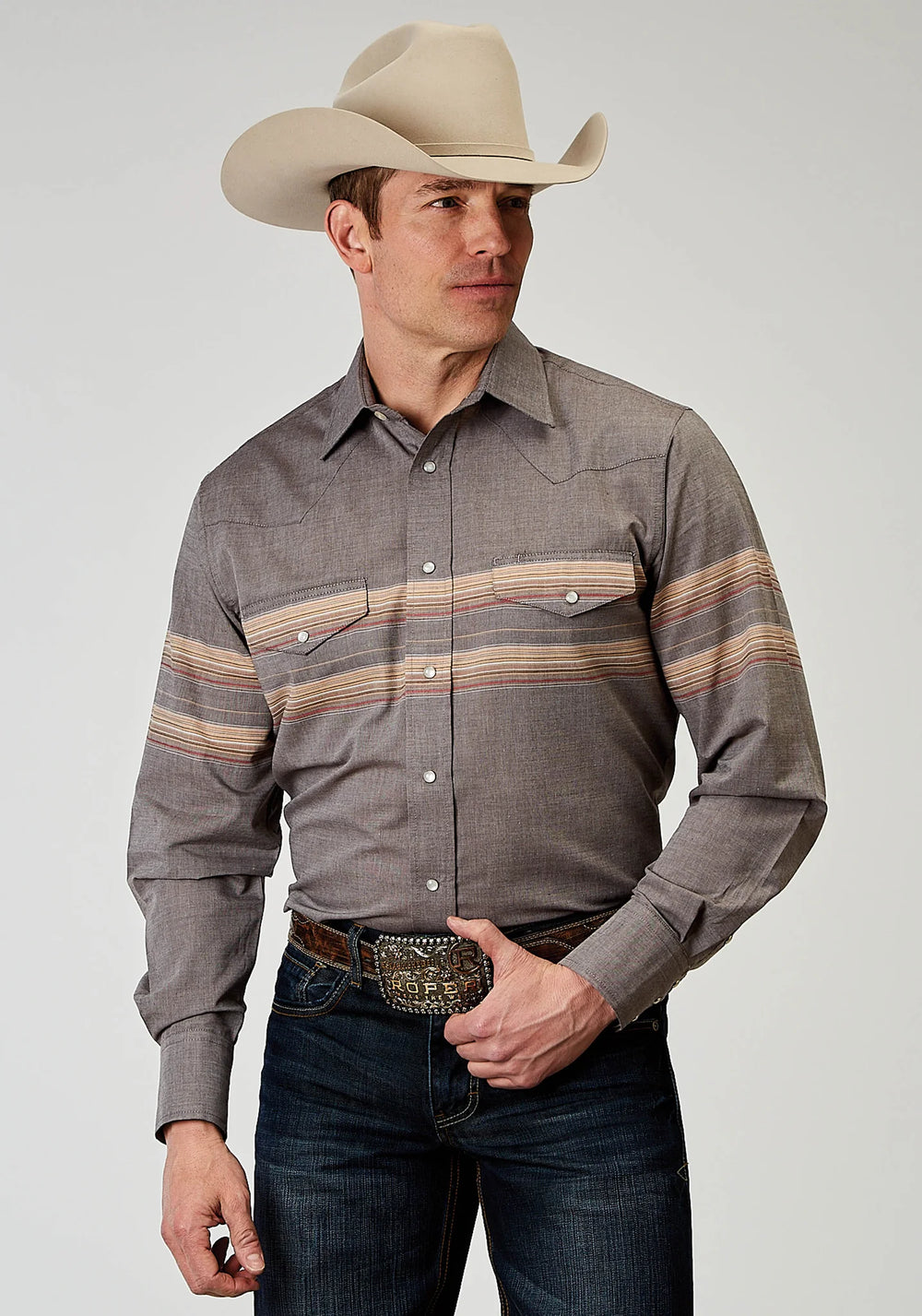Roper Mens Button Down Gray Border Stripe Shirt - Equine Exchange Tack Shop