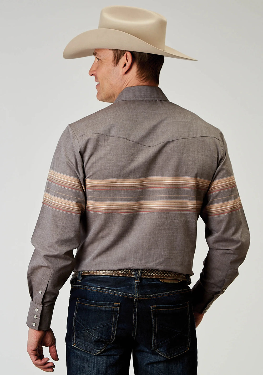 Roper Mens Button Down Gray Border Stripe Shirt - Equine Exchange Tack Shop