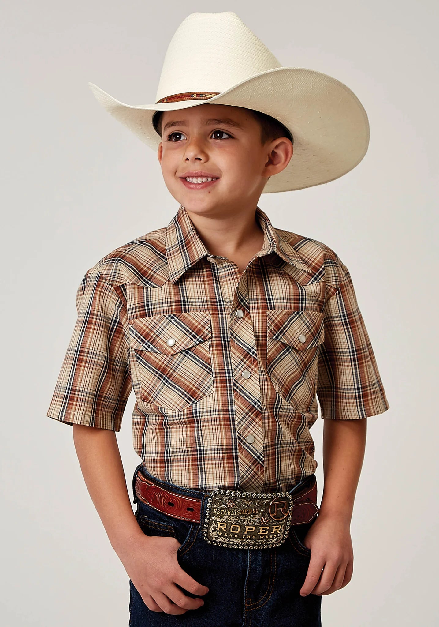 Roper Boys Short Sleeve Brown Plaid Shirt - CLEARANCE