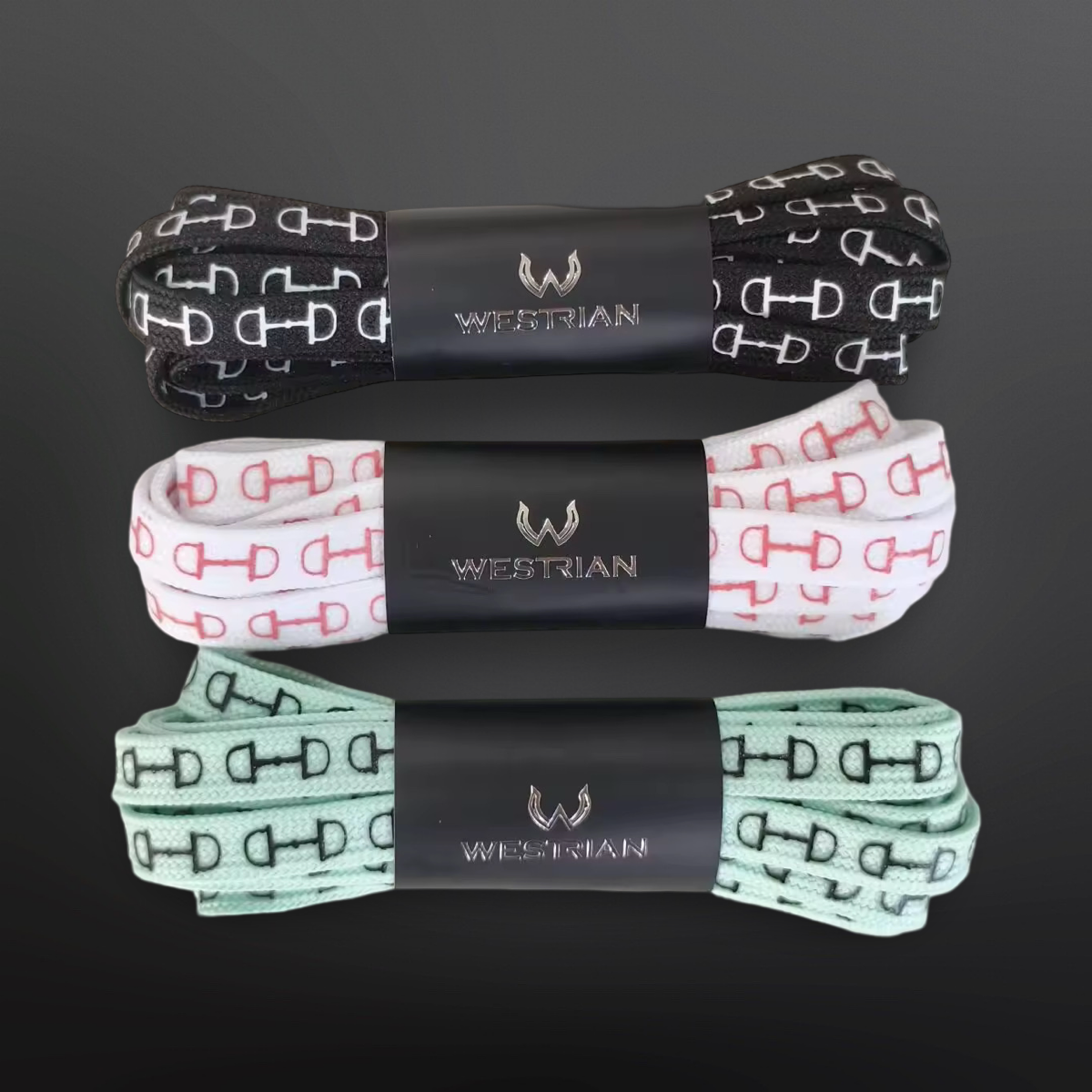 Western Equestrian Snaffle Bit Print Shoelaces 45”: White w/ Pink Print - Equine Exchange Tack Shop