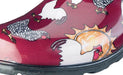 A single slip-on clog-style shoe with a glossy burgundy upper covered in a chicken and sun print, black trim around the opening, and a black sole. The brand name 'SLOGGERS' is visible on the inner side.