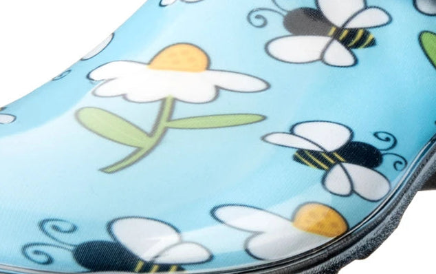 Blue clog shoe with floral design and 'Sloggers' branding on a white background