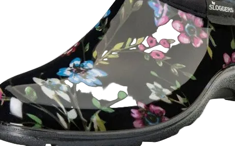 A single Sloggers slip-on gardening shoe with a black base and a colorful floral print featuring pink, blue, and white flowers with green leaves, shown on a plain white background.