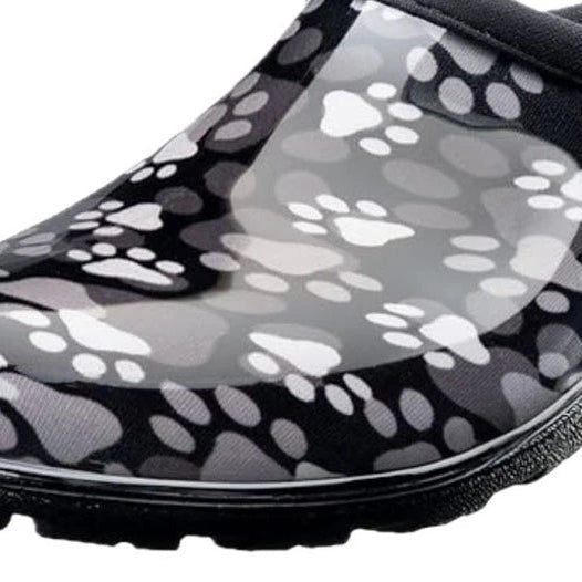 A single slip-on clog-style rain boot with a black and gray paw print pattern, featuring a black sole and a small 'SLEDGEZ' brand label on the side.