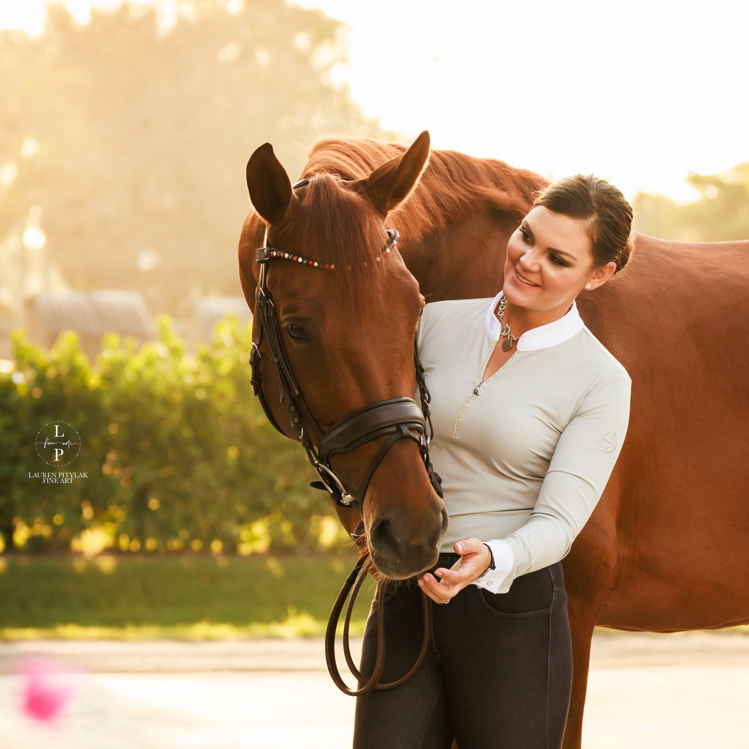 Heidi - Long Sleeve Riding Top with Crystal Fabric Trim - Equine Exchange Tack Shop