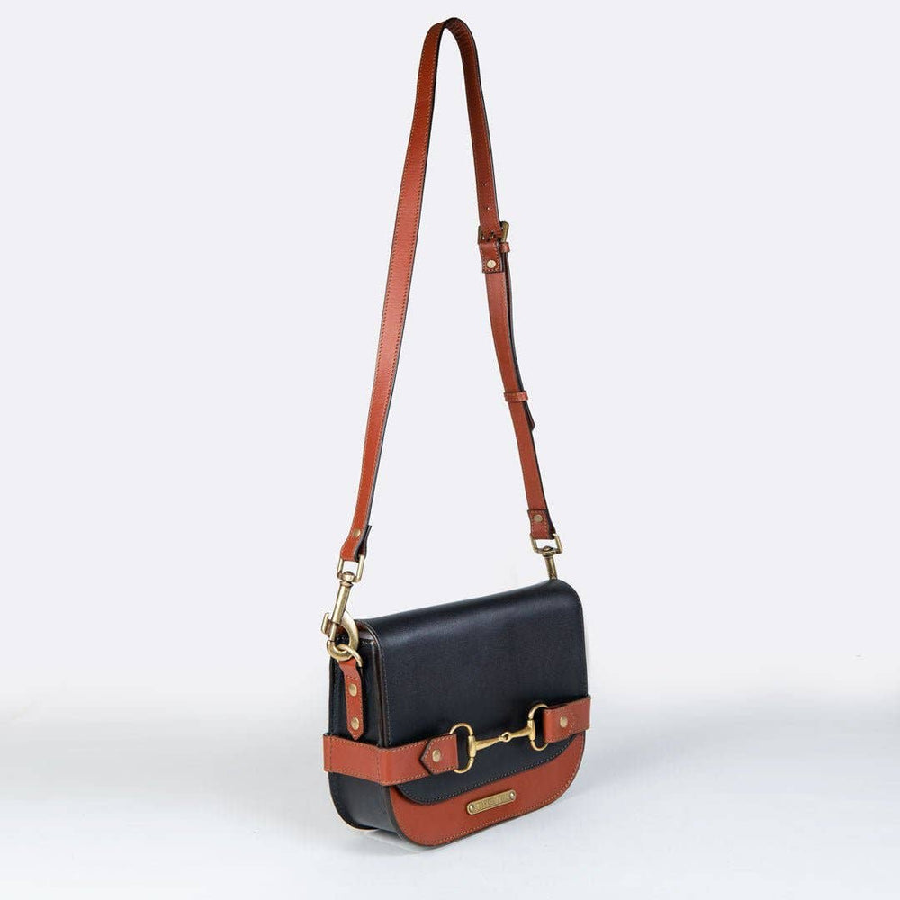 Saratoga- Horse Bit Crossbody Luxury Leather Handbag in Cognac on Black - Equine Exchange Tack Shop
