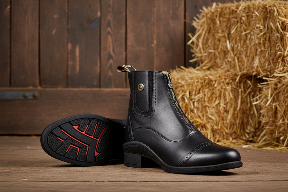 Black leather equestrian boots with a zipper on a white background