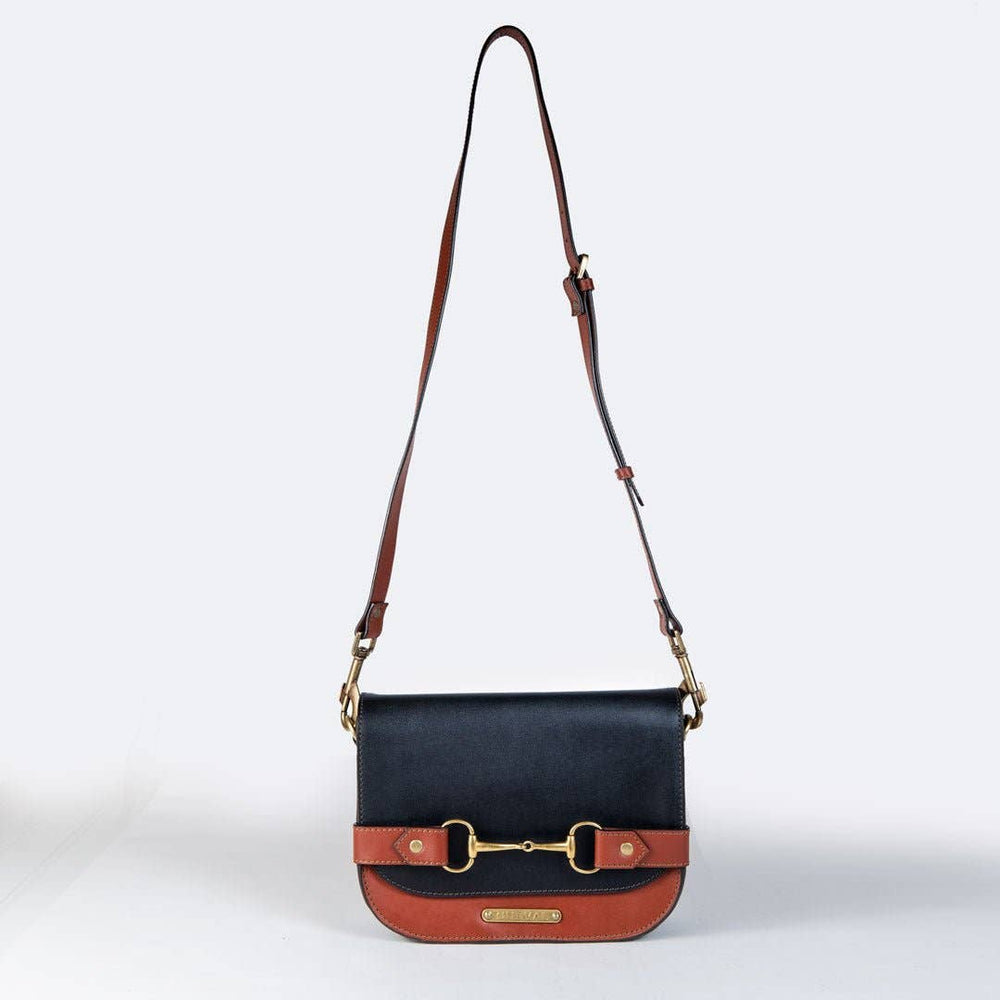 Saratoga- Horse Bit Crossbody Luxury Leather Handbag in Cognac on Black - Equine Exchange Tack Shop