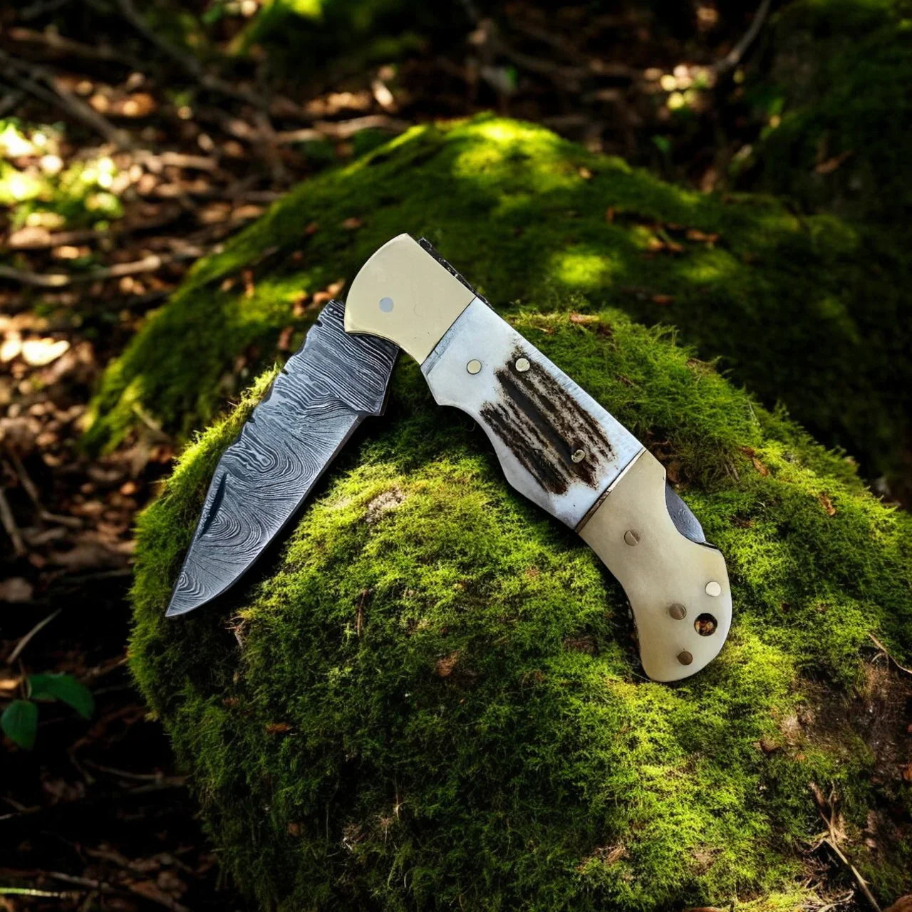 Custom Handmade Cowboy Pocket Knife – Damascus Steel, Stag Handle  