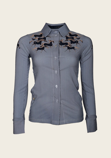 Running Horses Navy Ladies’ Button  Sun Shirt - Equine Exchange Tack Shop