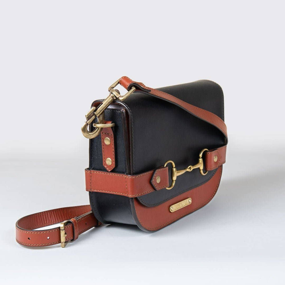 Saratoga- Horse Bit Crossbody Luxury Leather Handbag in Cognac on Black - Equine Exchange Tack Shop