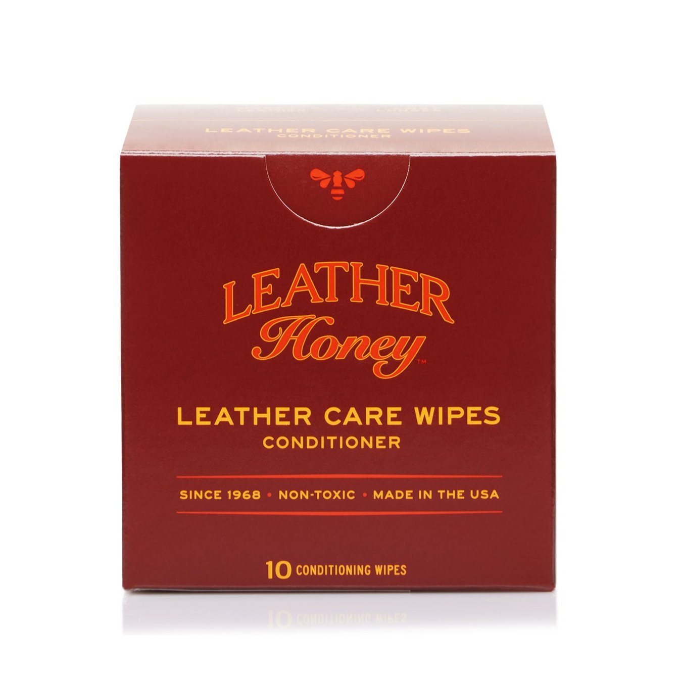 Leather Honey Leather Care Wipes pack with 10 disposable wipes for cleaning and conditioning leather surfaces.