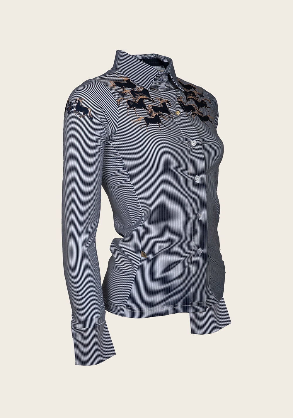 Running Horses Navy Ladies’ Button  Sun Shirt - Equine Exchange Tack Shop