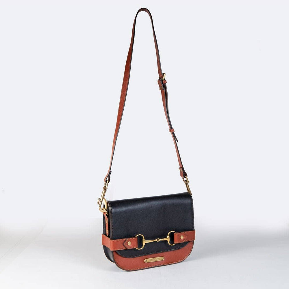 Saratoga- Horse Bit Crossbody Luxury Leather Handbag in Cognac on Black - Equine Exchange Tack Shop