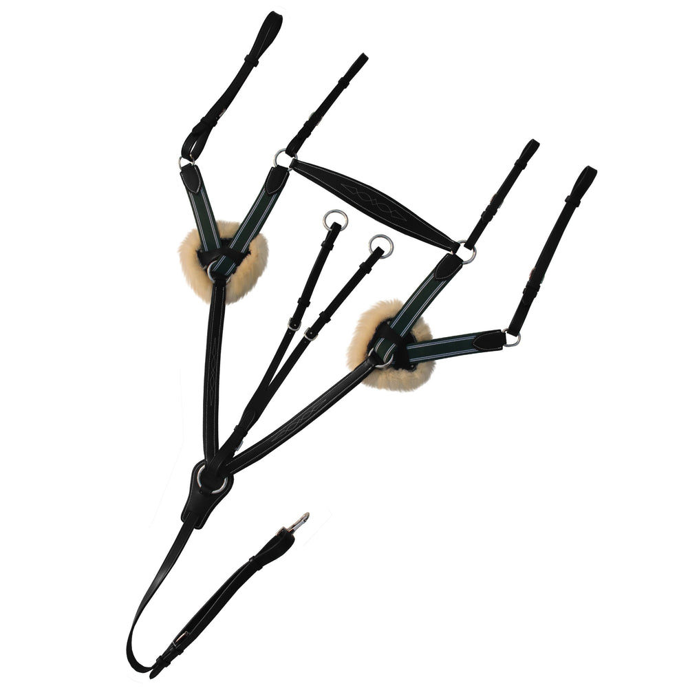 ExionPro 5 Point Breastplate with Sheepskin Padding - Green Elastic & White Lines - Equine Exchange Tack Shop