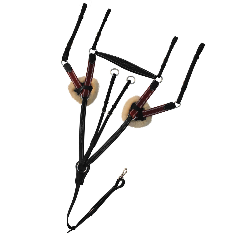 ExionPro 5 Point Breastplate with Sheepskin Padding - Burgundy Elastic & White Strips - Equine Exchange Tack Shop