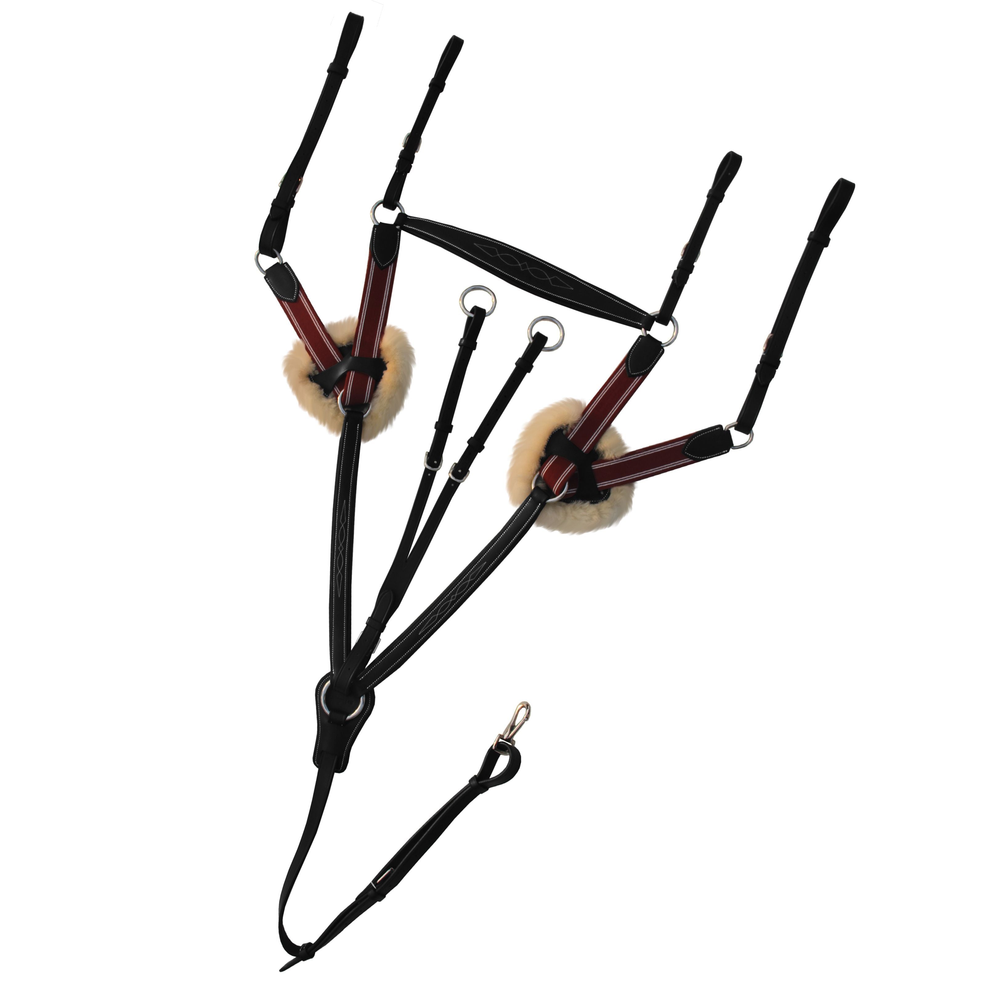 ExionPro 5 Point Breastplate with Sheepskin Padding - Burgundy Elastic & White Strips - Equine Exchange Tack Shop