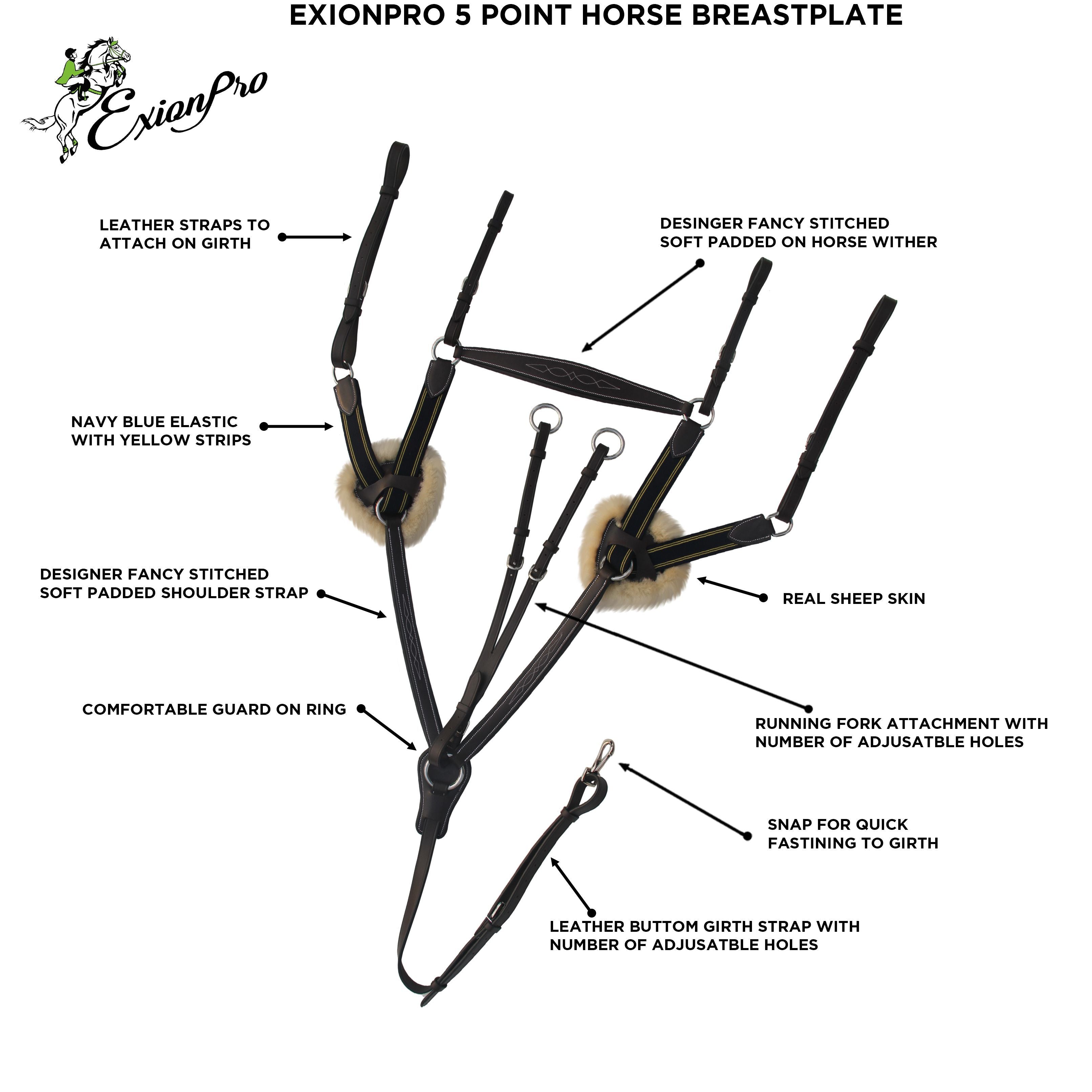 ExionPro 5 Point Breastplate with Sheepskin Padding - Navy Blue Elastic & Yellow Line - Equine Exchange Tack Shop