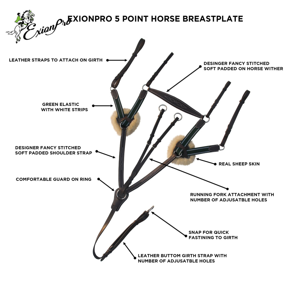 ExionPro 5 Point Breastplate with Sheepskin Padding - Green Elastic & White Lines - Equine Exchange Tack Shop