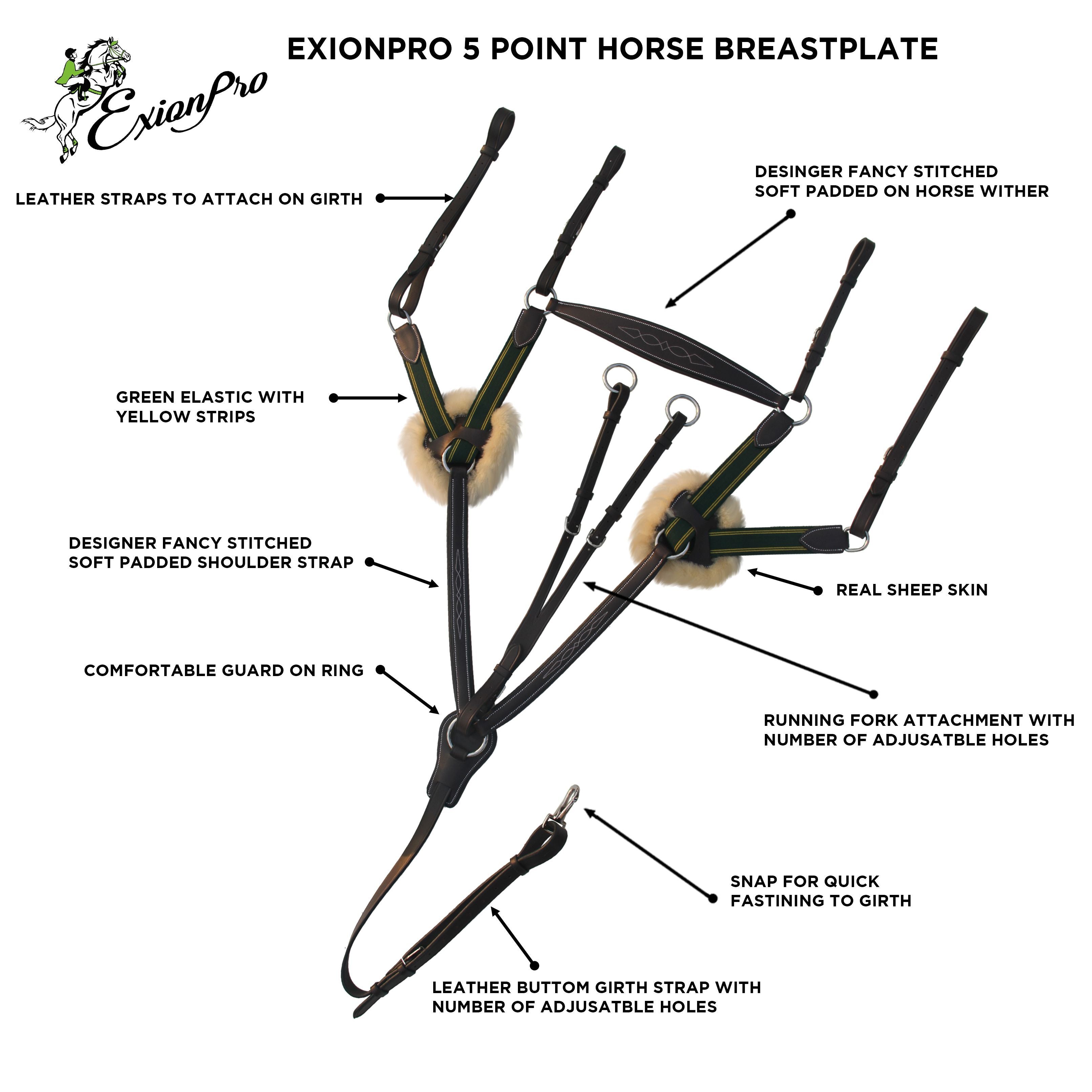 ExionPro 5 Point Breastplate with Sheepskin Padding - Green Elastic & Yellow Lines - Equine Exchange Tack Shop