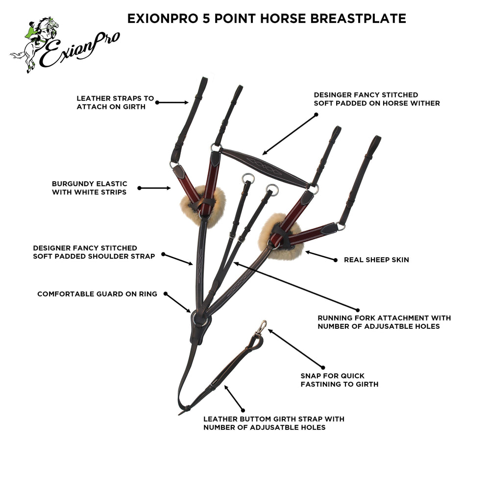 ExionPro 5 Point Breastplate with Sheepskin Padding - Burgundy Elastic & White Strips - Equine Exchange Tack Shop