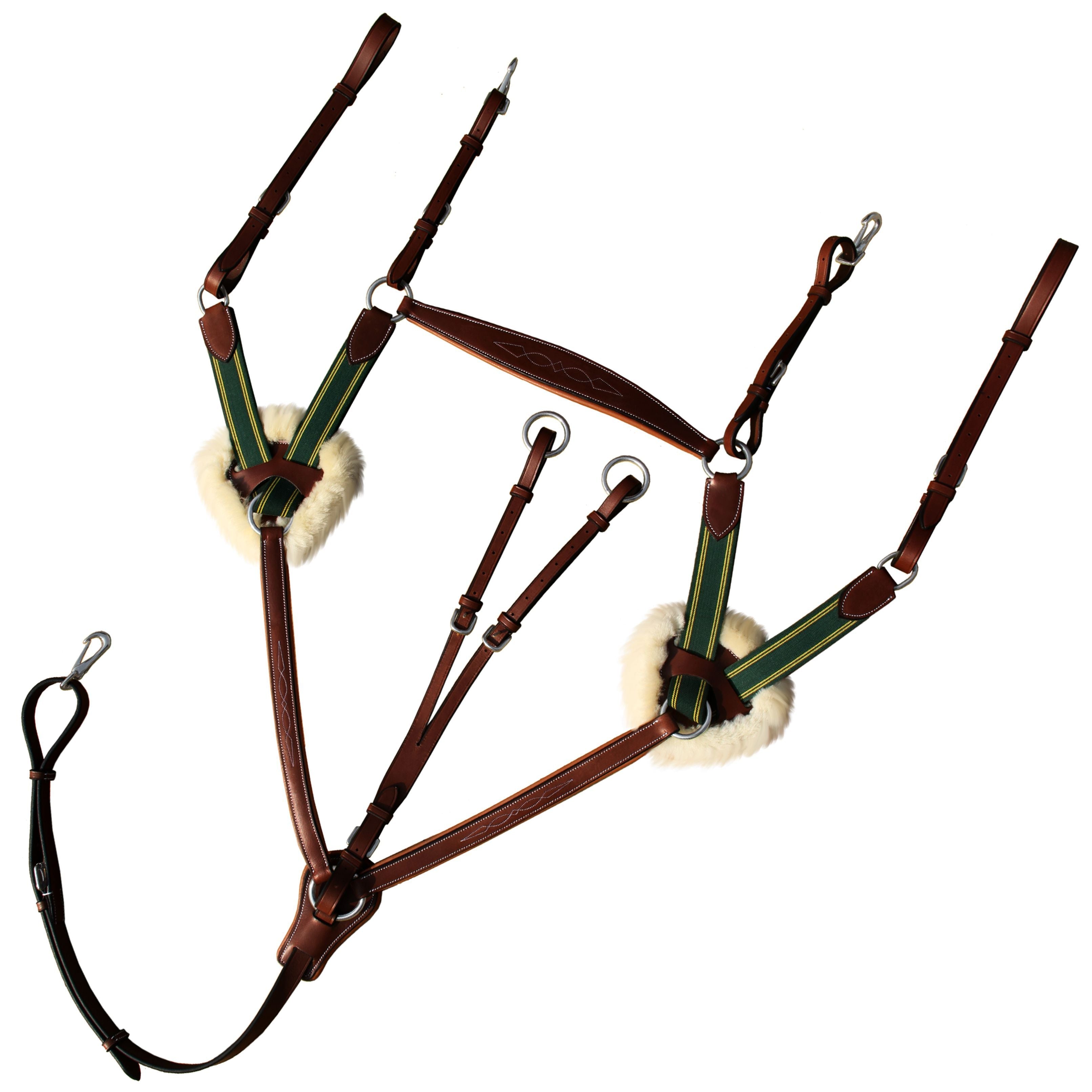 ExionPro 5 Point Breastplate with Sheepskin Padding - Green Elastic & Yellow Lines - Equine Exchange Tack Shop