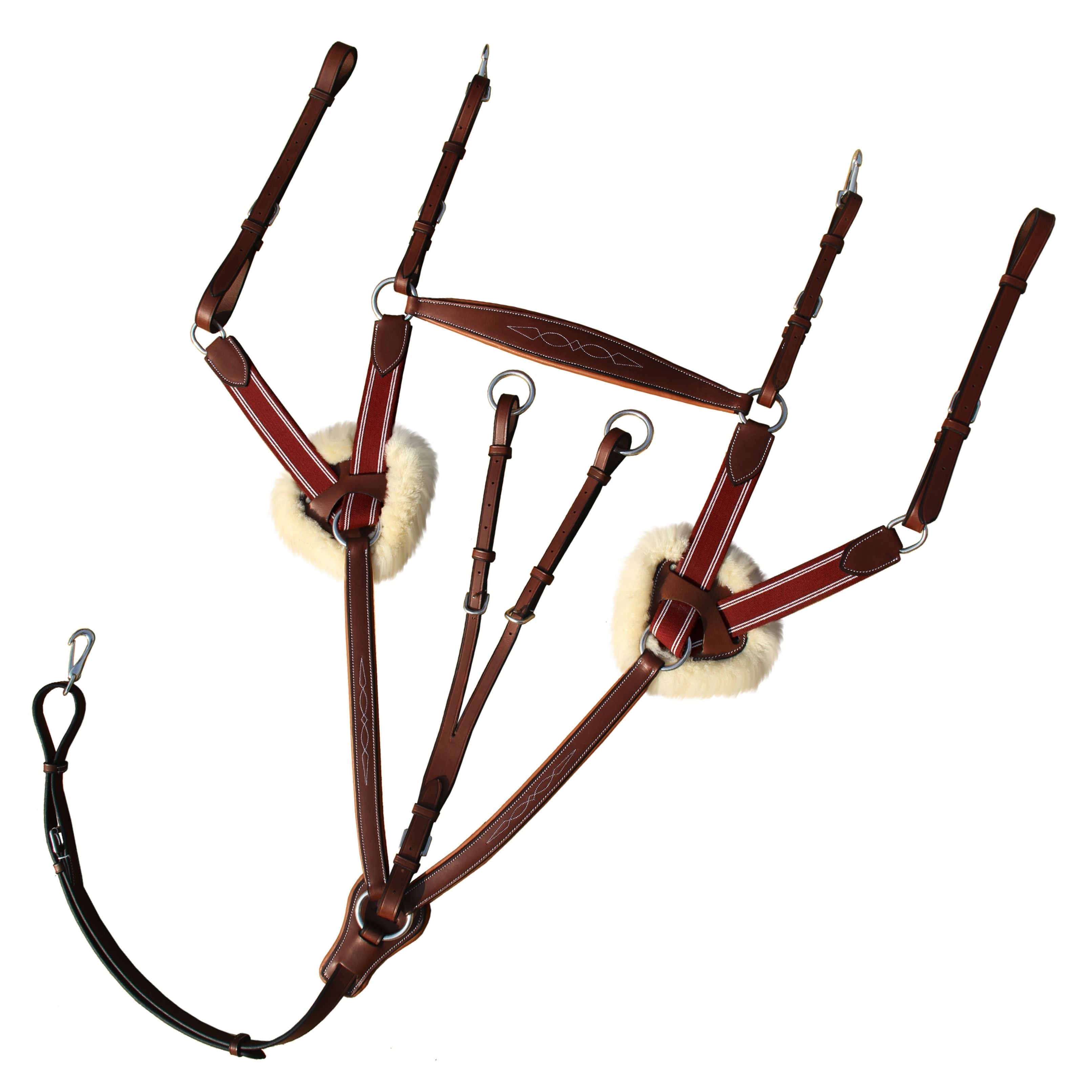 ExionPro 5 Point Breastplate with Sheepskin Padding - Burgundy Elastic & White Strips - Equine Exchange Tack Shop
