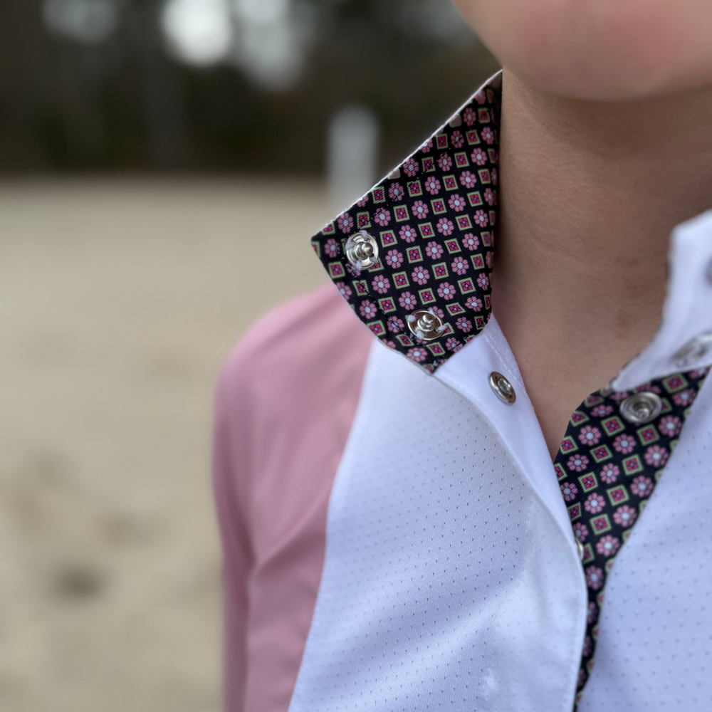 Ladies "Luna II" Pink Long Sleeve Performance Show Shirt with Diamond and Daisy Trim - Equine Exchange Tack Shop