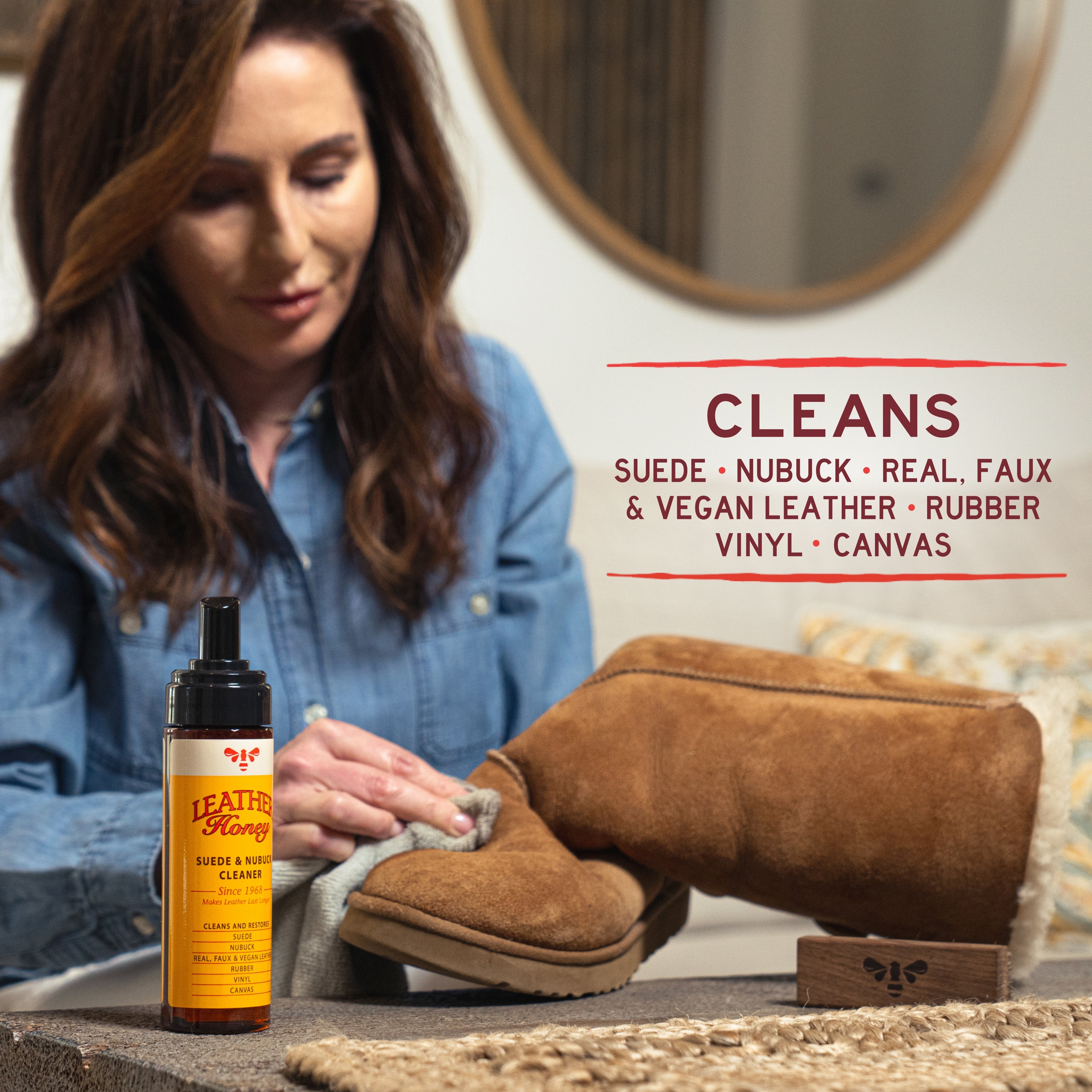 Leather Honey suede and nubuck cleaner bottle for leather care, showcasing the cleaning solution for suede and nubuck leather.