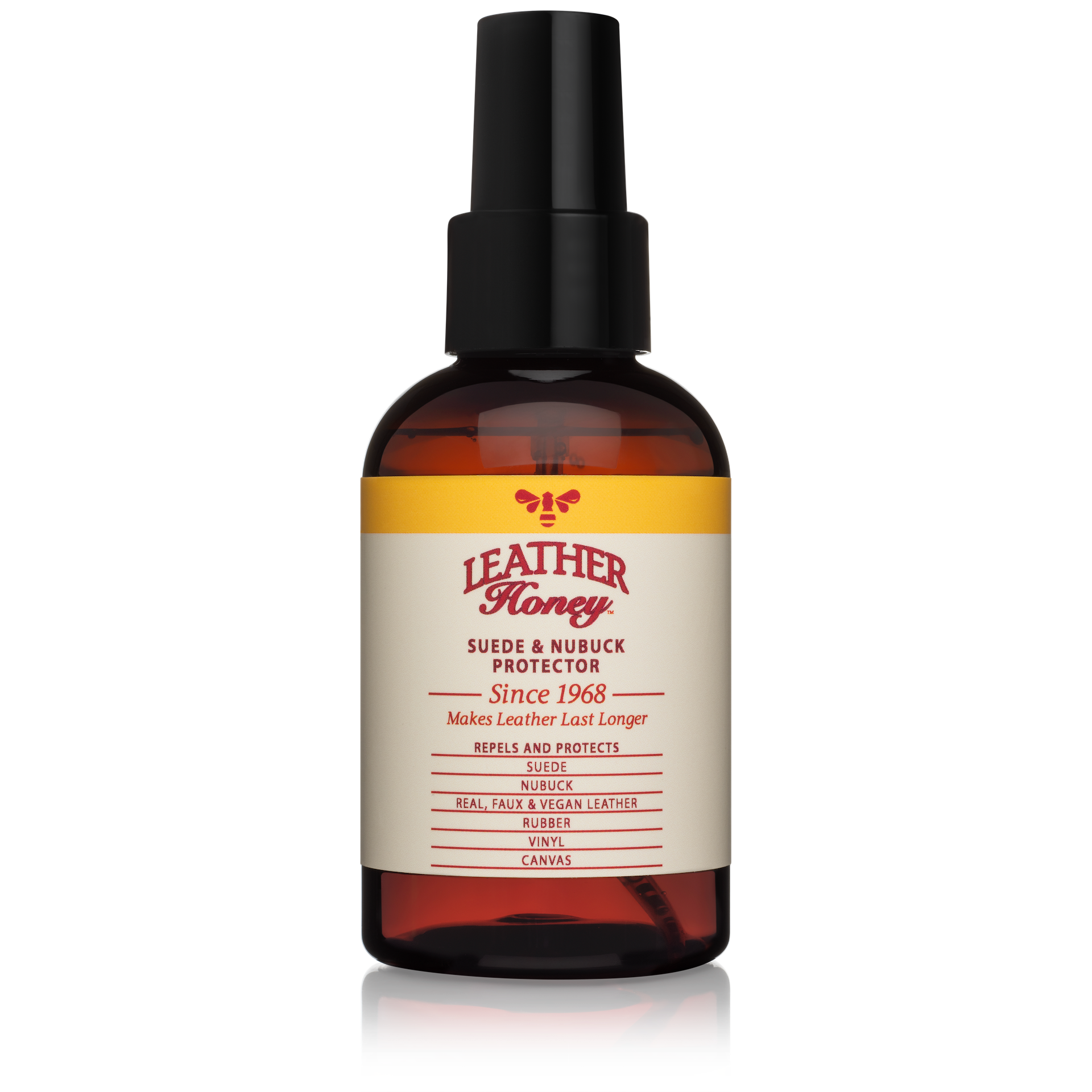 Leather Honey suede and nubuck protector spray in a 4oz bottle, designed for leather care and protection.