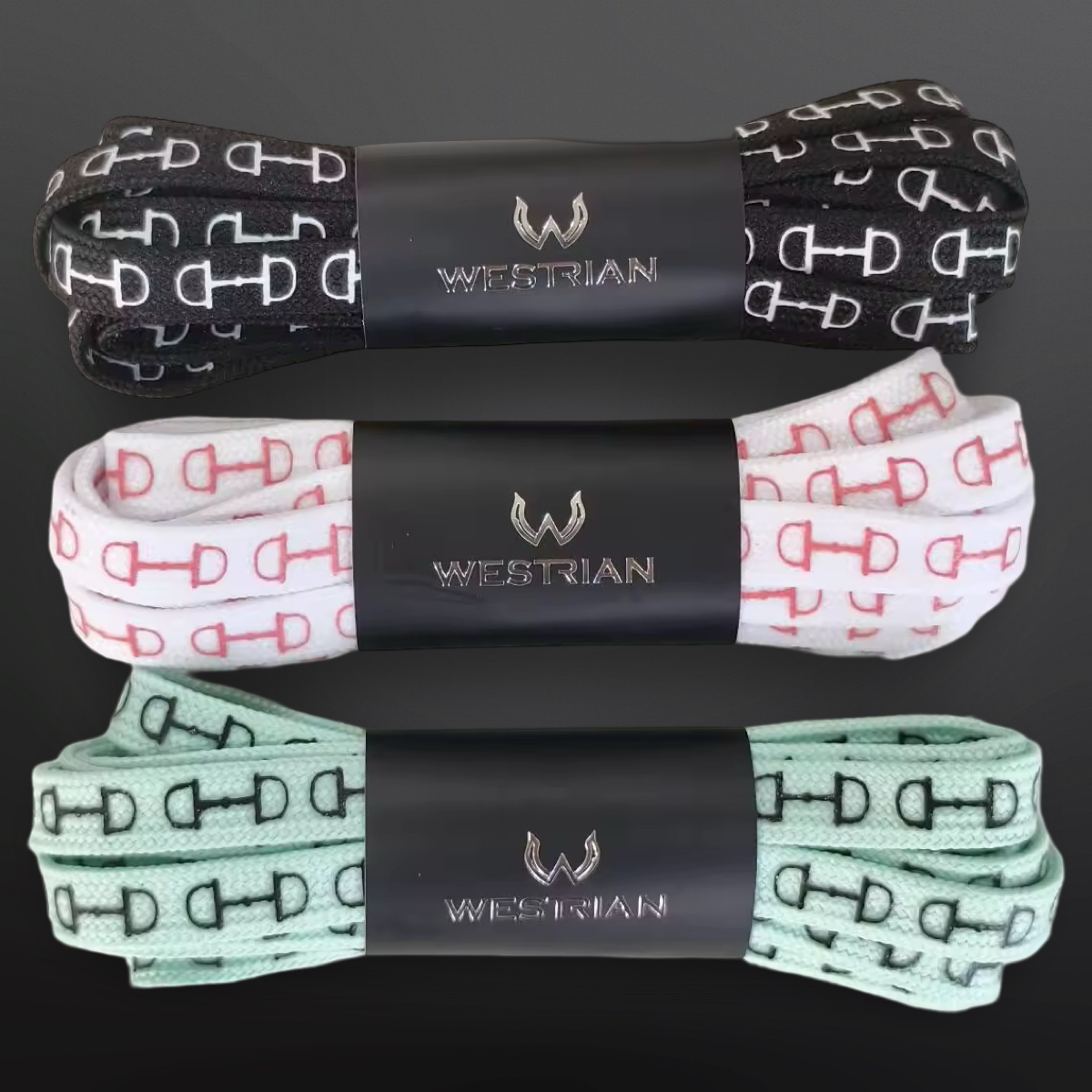 Western Equestrian Snaffle Bit Print Shoelaces 45”: White w/ Pink Print - Equine Exchange Tack Shop