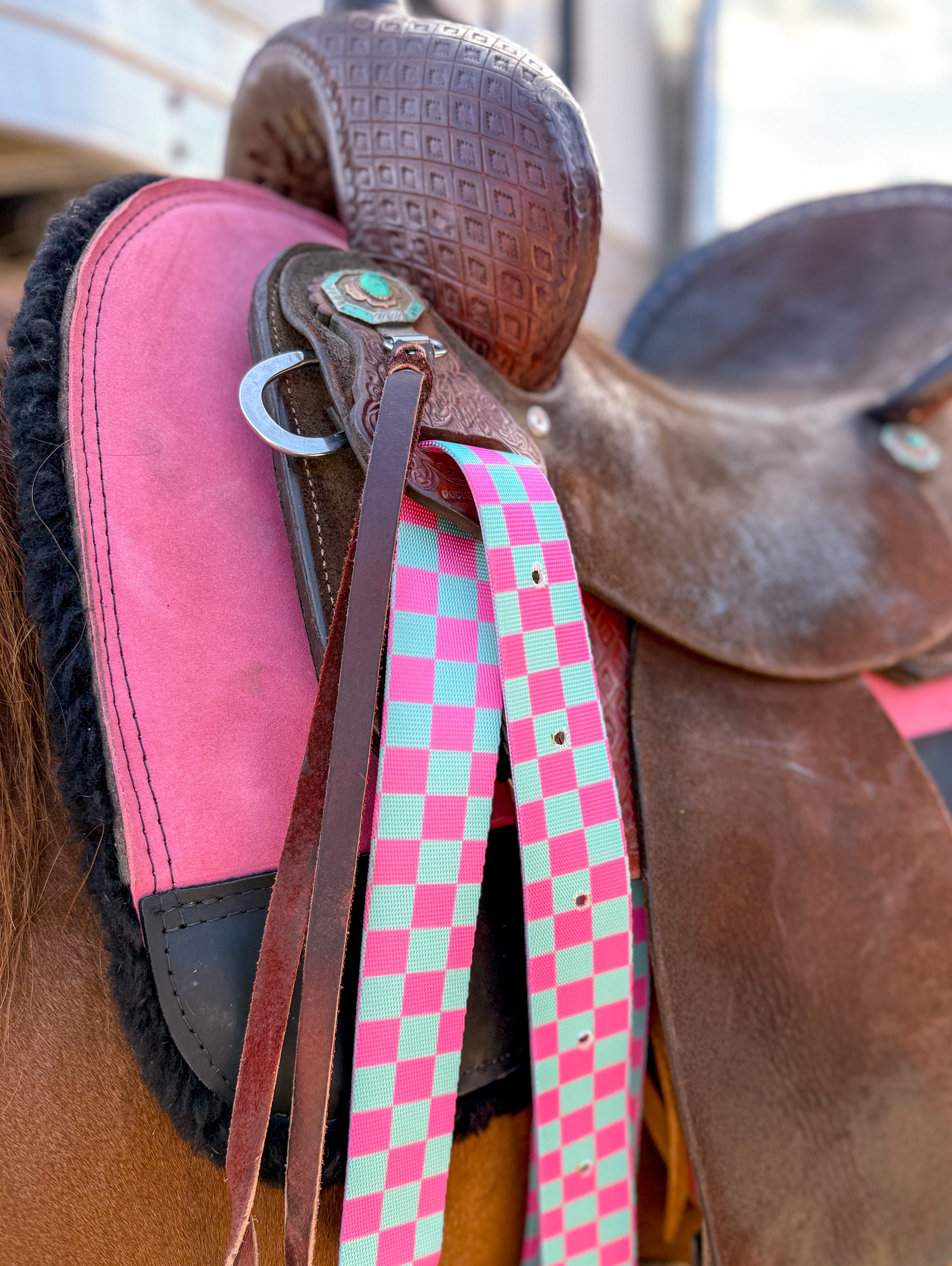 Checks Out (Pink/Turquoise) Cinch Strap Set - Equine Exchange Tack Shop