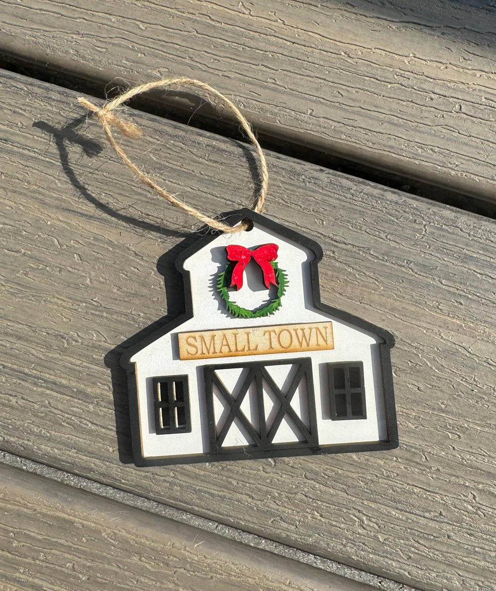 Small Town Rustic Barn Christmas Ornament