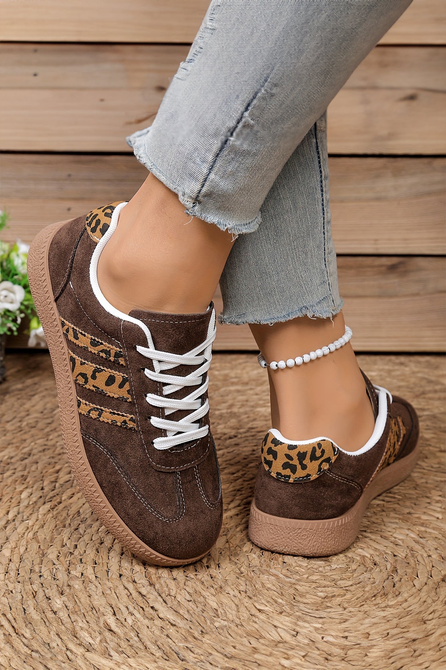 Lace-up Leopard Patchwork Faux Suede Shoes