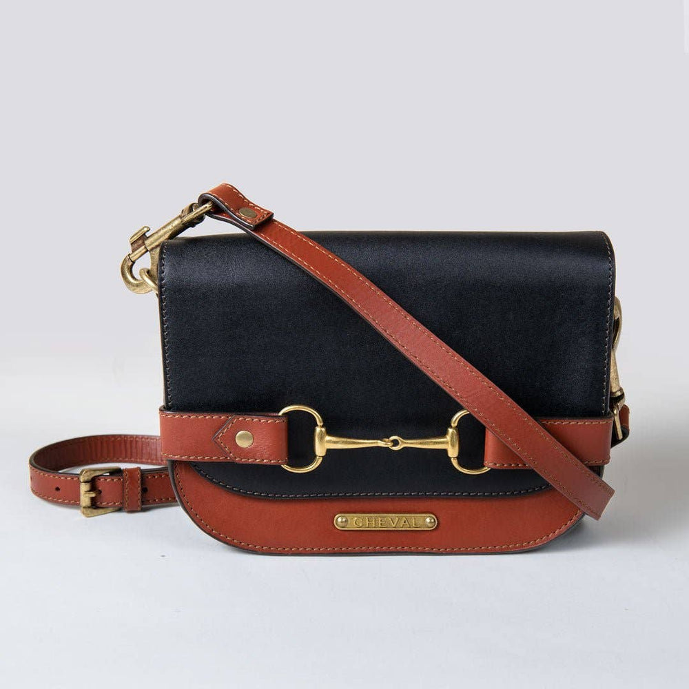 Saratoga- Horse Bit Crossbody Luxury Leather Handbag in Cognac on Black - Equine Exchange Tack Shop
