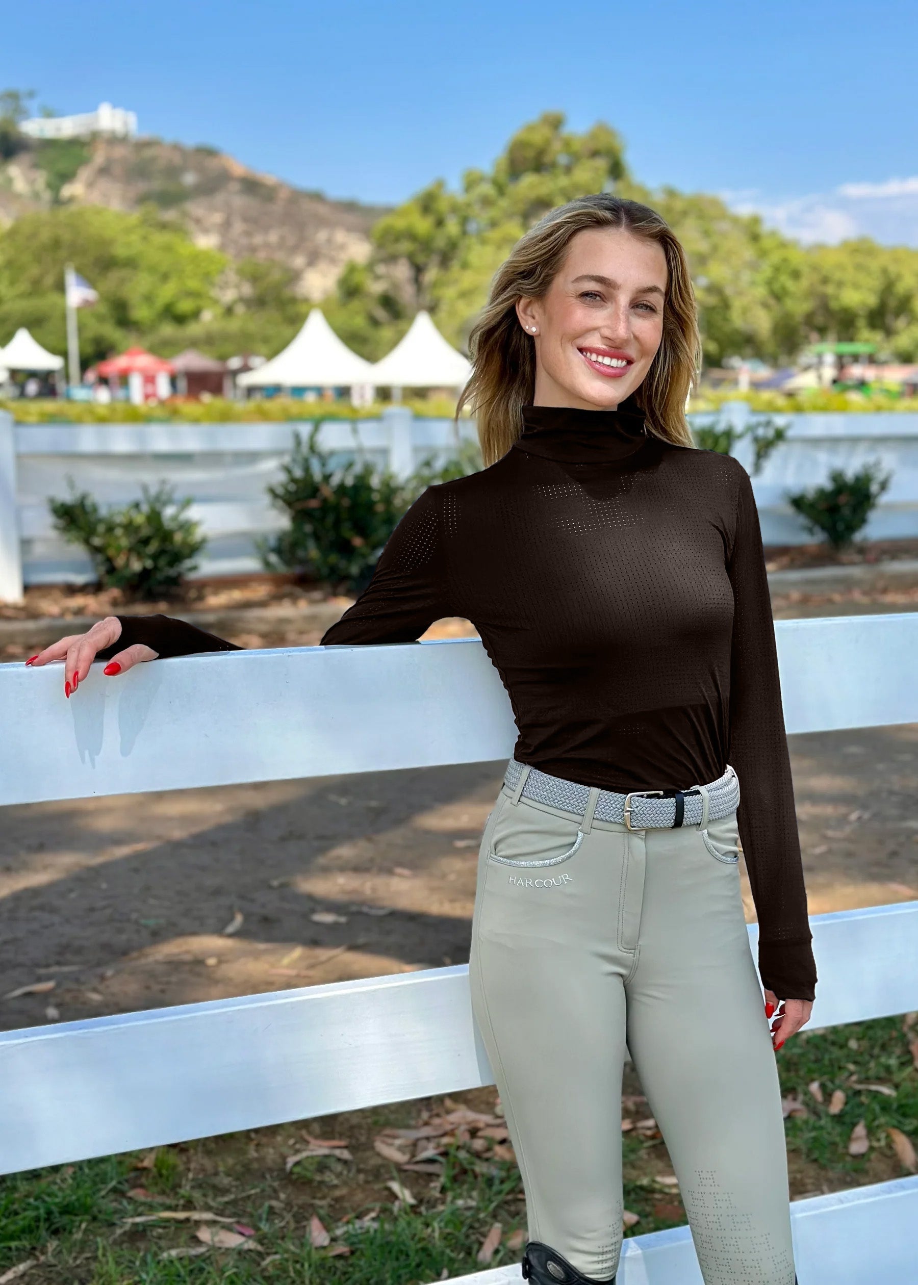 Venti Womens Mock Neck Perforated Long Sleeve Technical Shirt  