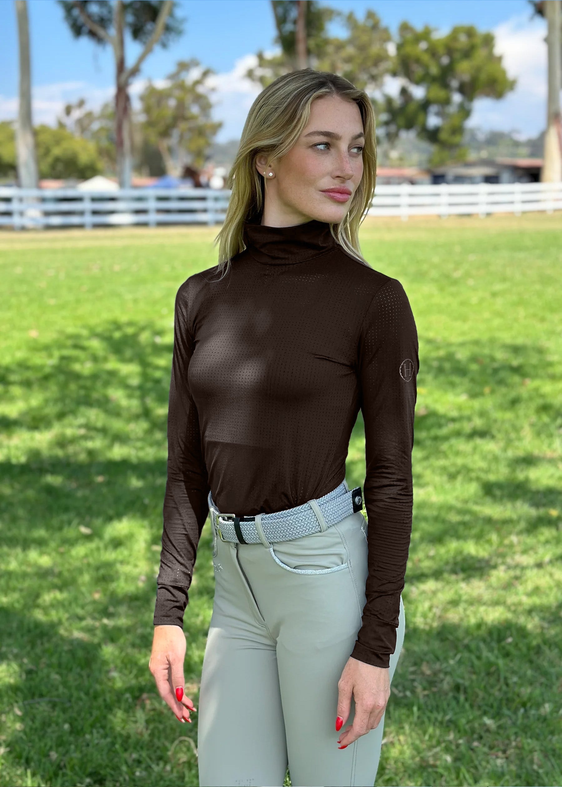Venti Womens Mock Neck Perforated Long Sleeve Technical Shirt  