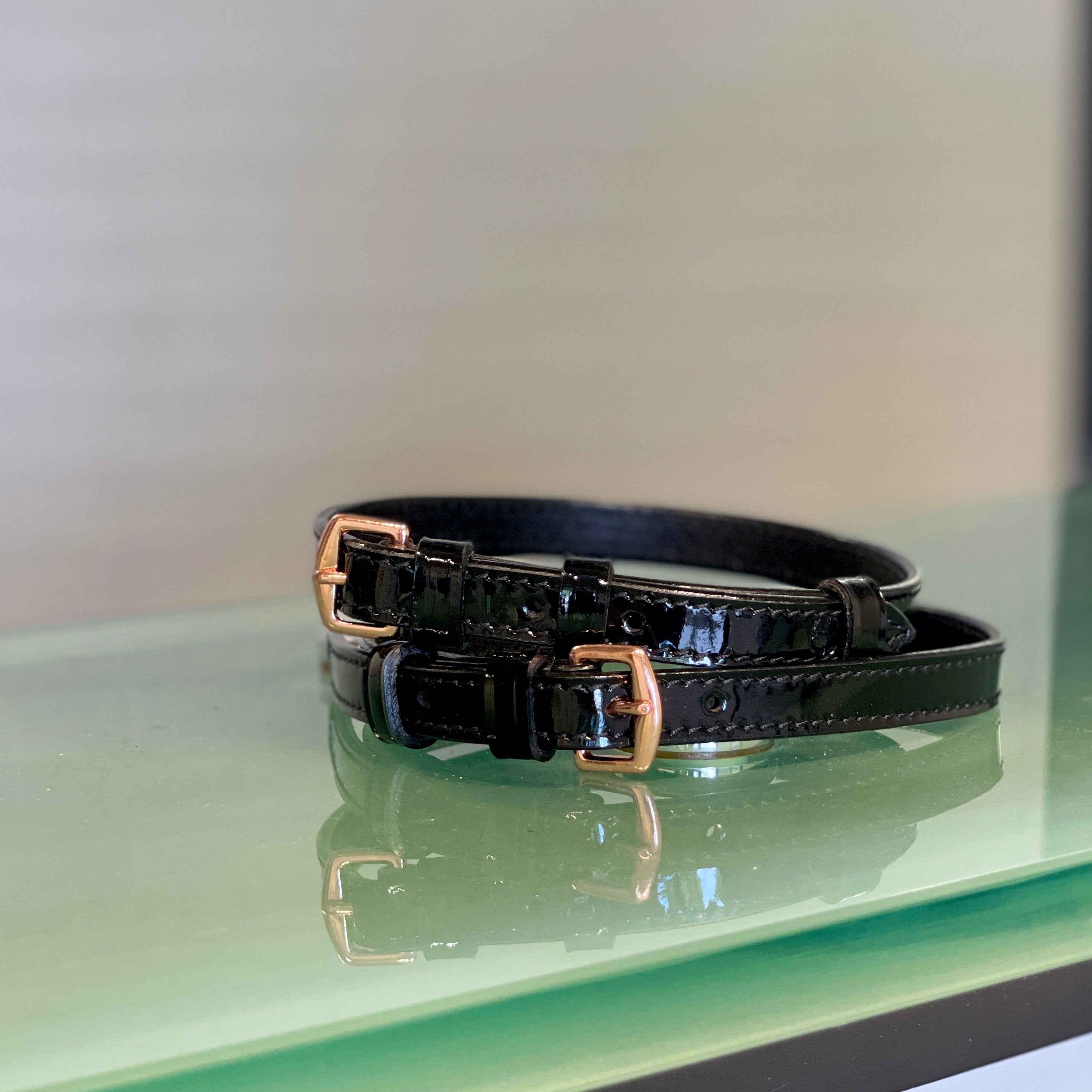 Aurelia Black Patent & Rose Gold Spur Straps - Equine Exchange Tack Shop