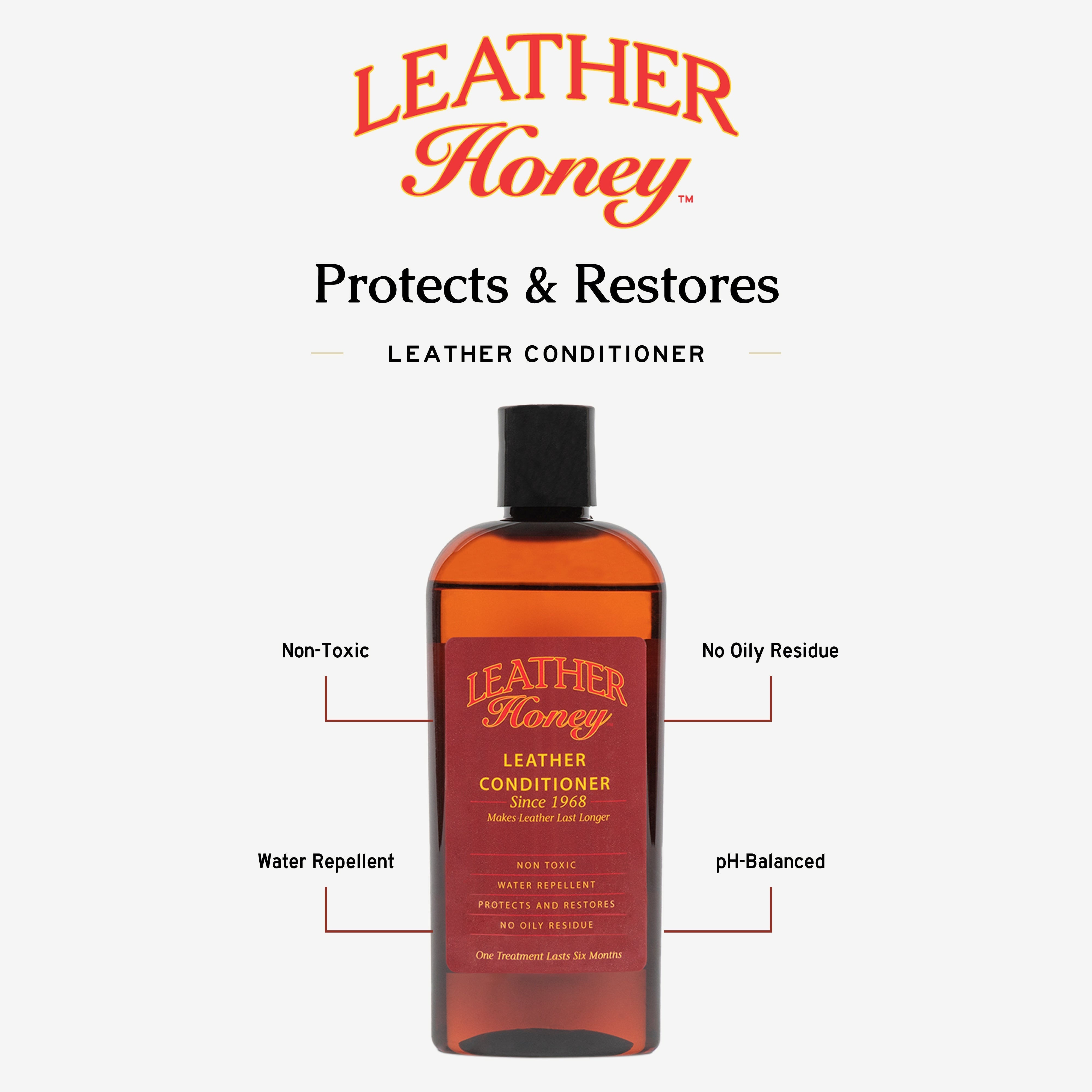 Leather Honey Leather Conditioner bottle showing the product label and applicator brush for conditioning leather goods.