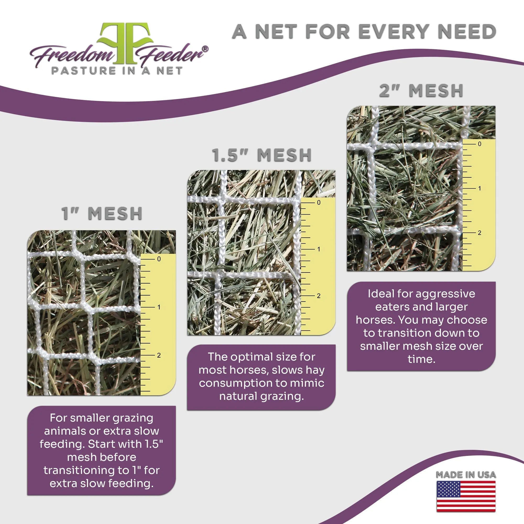 Freedom Feeder Extended Day Net - 2 String Bale Capacity - 3 Slow Feed Mesh Options - Equine Exchange Tack Shop