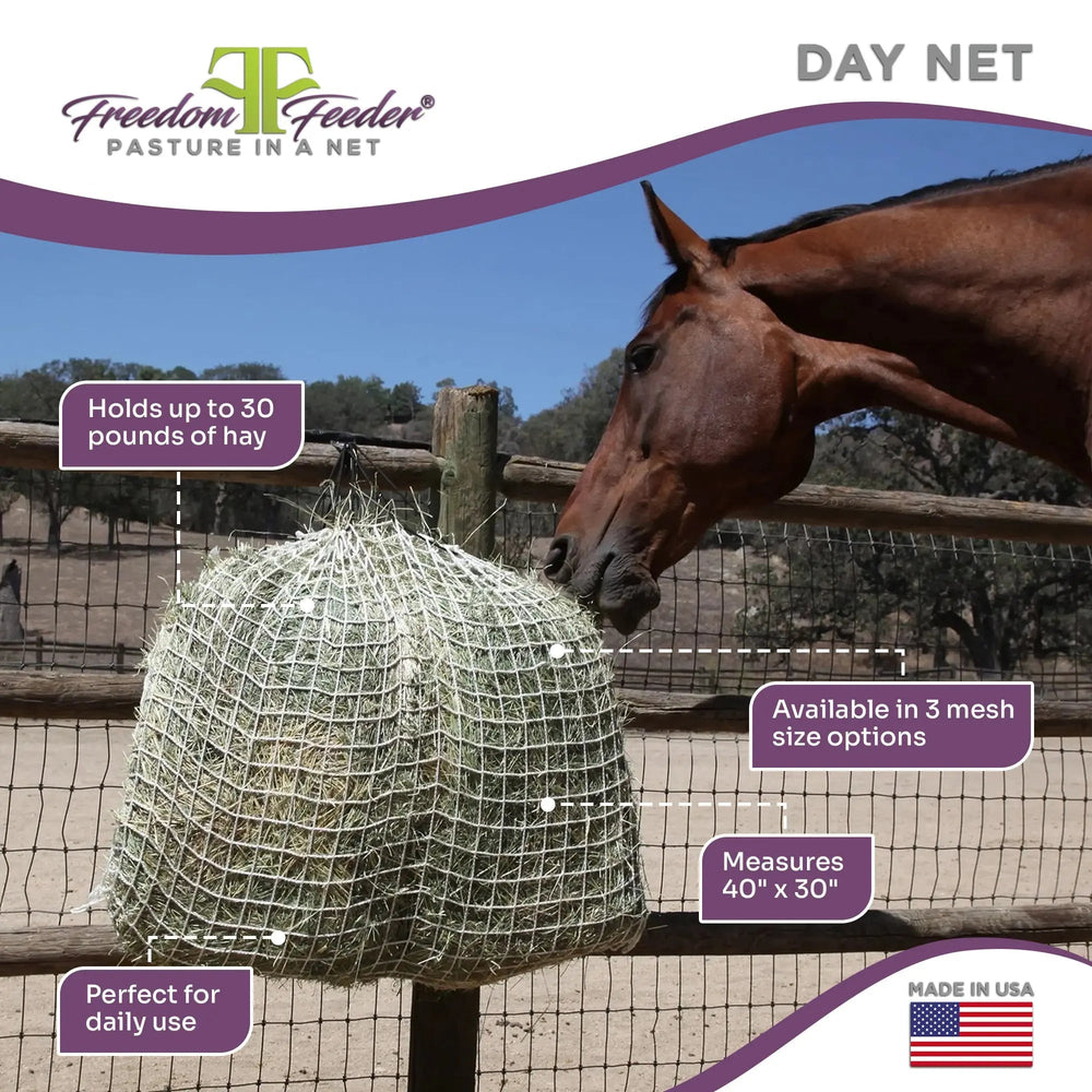 Freedom Feeder Day Net - 4 Flake Capacity - 3 Size Slow Feed Mesh Options - Equine Exchange Tack Shop
