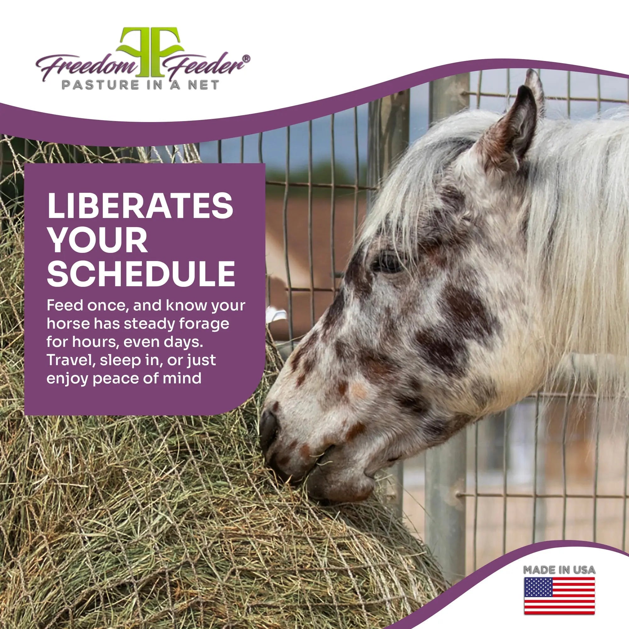 Freedom Feeder Day Net - 4 Flake Capacity - 3 Size Slow Feed Mesh Options - Equine Exchange Tack Shop
