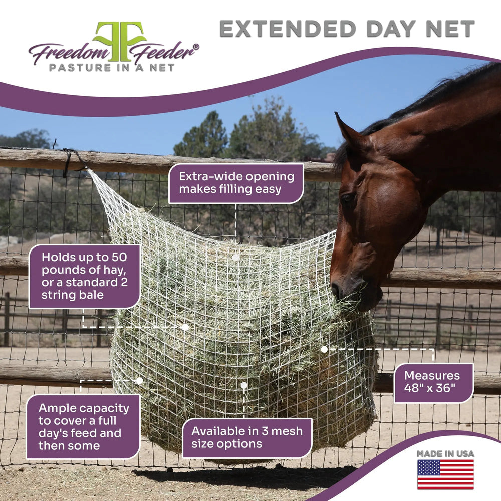 Freedom Feeder Extended Day Net - 2 String Bale Capacity - 3 Slow Feed Mesh Options - Equine Exchange Tack Shop