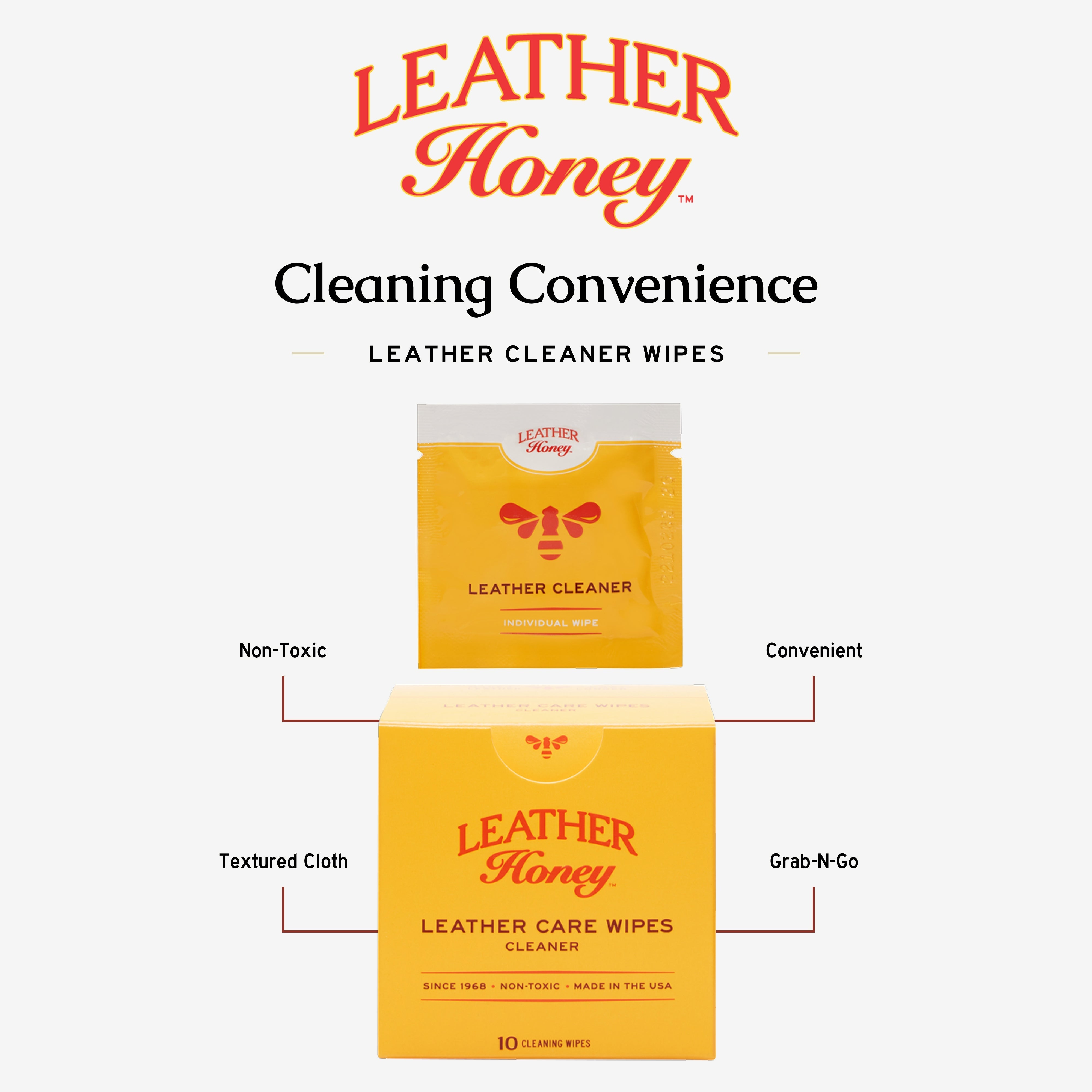 Leather Honey Leather Care Wipes in a 10-pack for cleaning and conditioning leather items with convenient, ready-to-use wipes.
