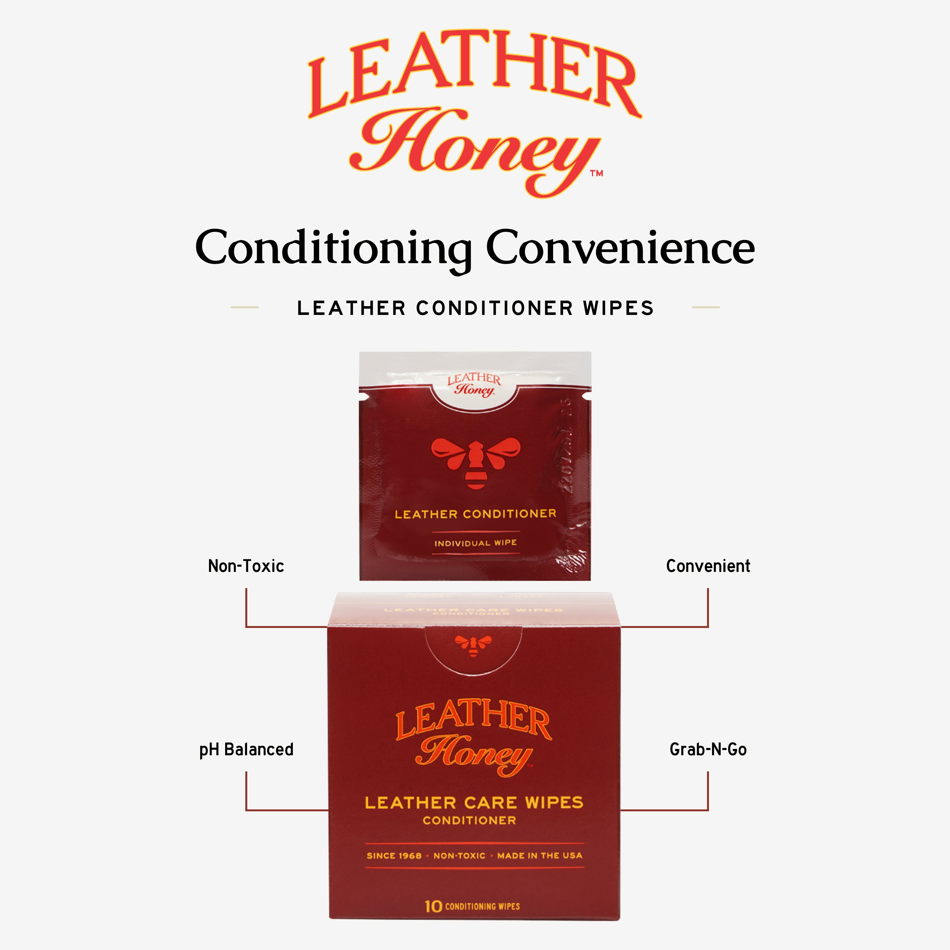 Leather Honey Leather Care Wipes in a 10-pack, showing soft leather care wipes for cleaning and conditioning leather surfaces.