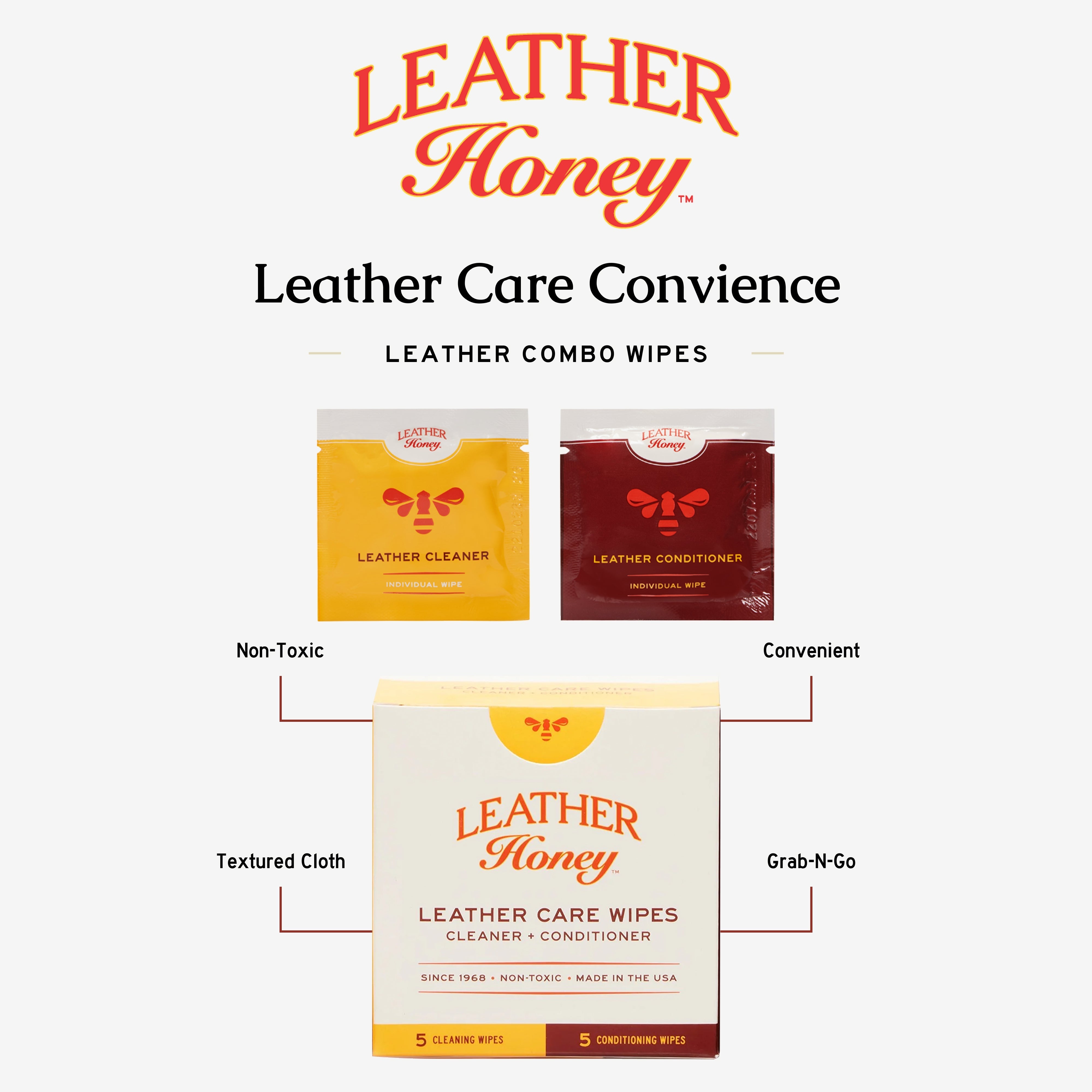 Leather Honey Leather Care Wipes pack with 10 wipes, designed for cleaning and conditioning leather products.