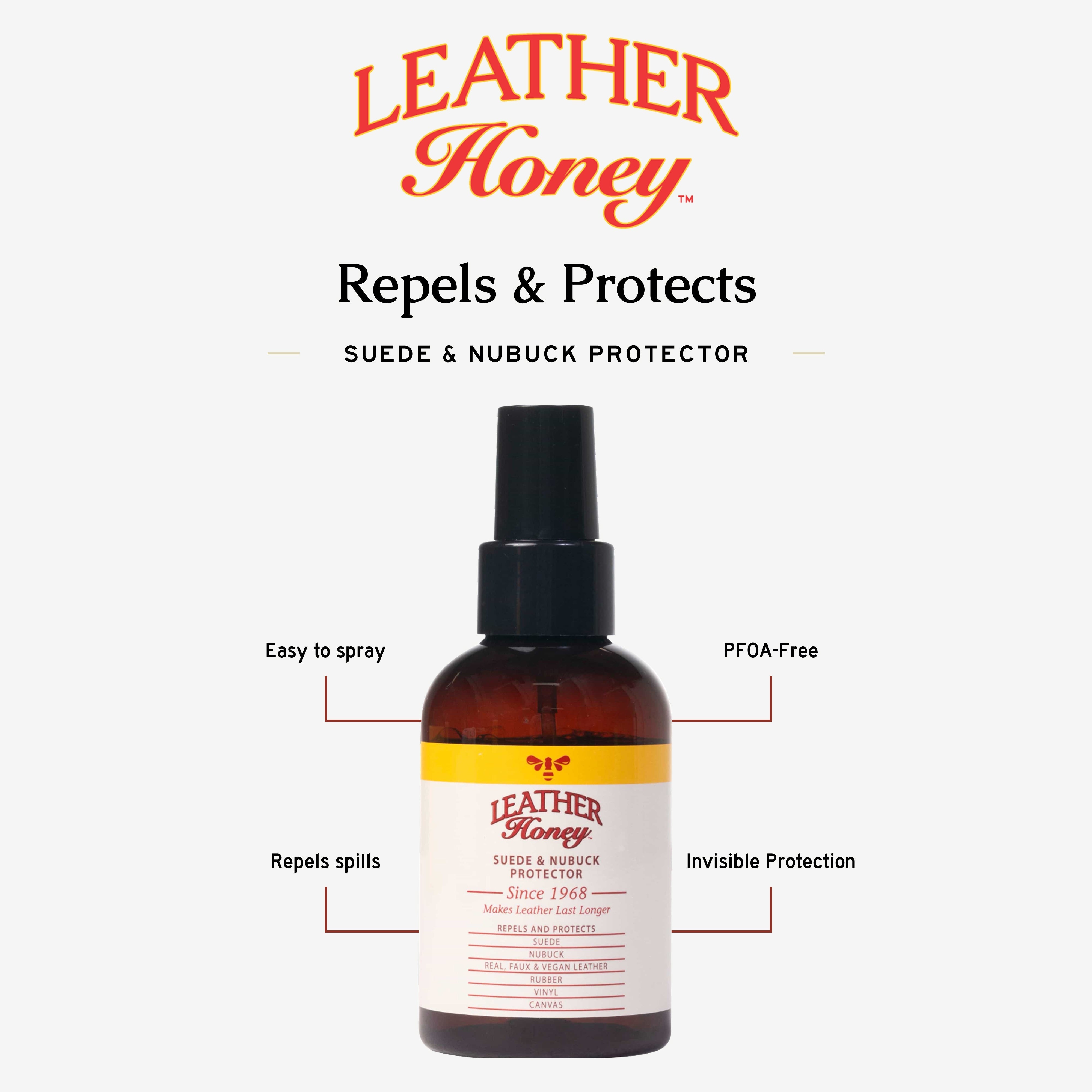 Leather Honey suede and nubuck protector spray for leather care, showing the spray bottle with protective label.