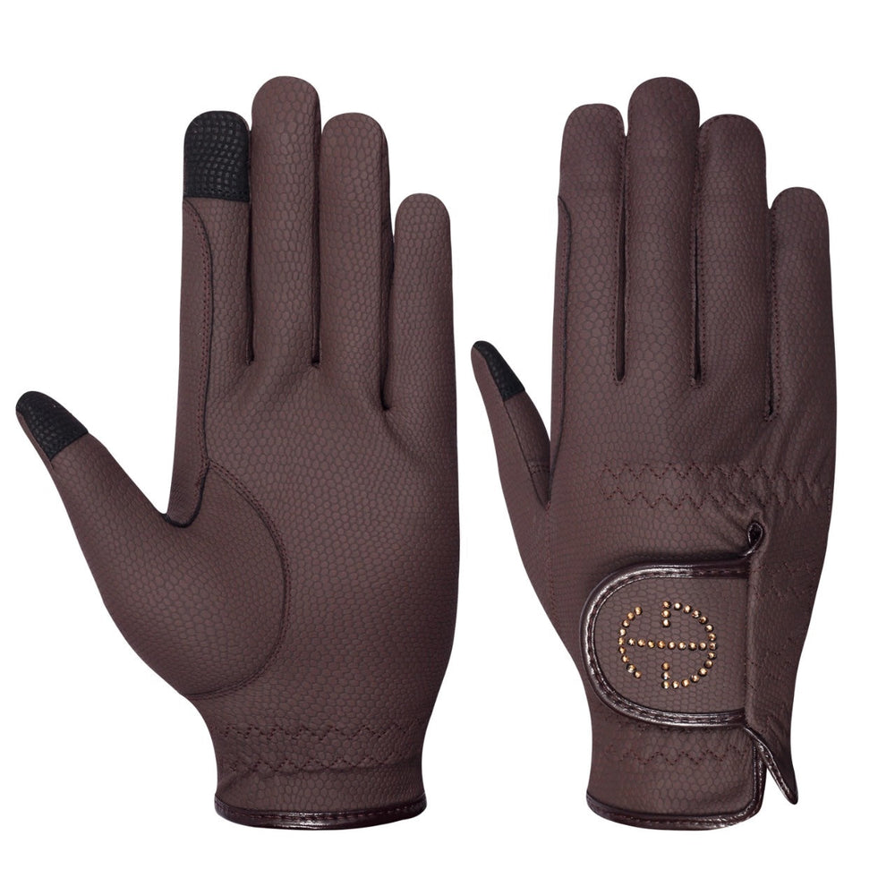 Halter Ego® Riding Gloves - Brown & Smoked Topaz Crystal Logo - Equine Exchange Tack Shop