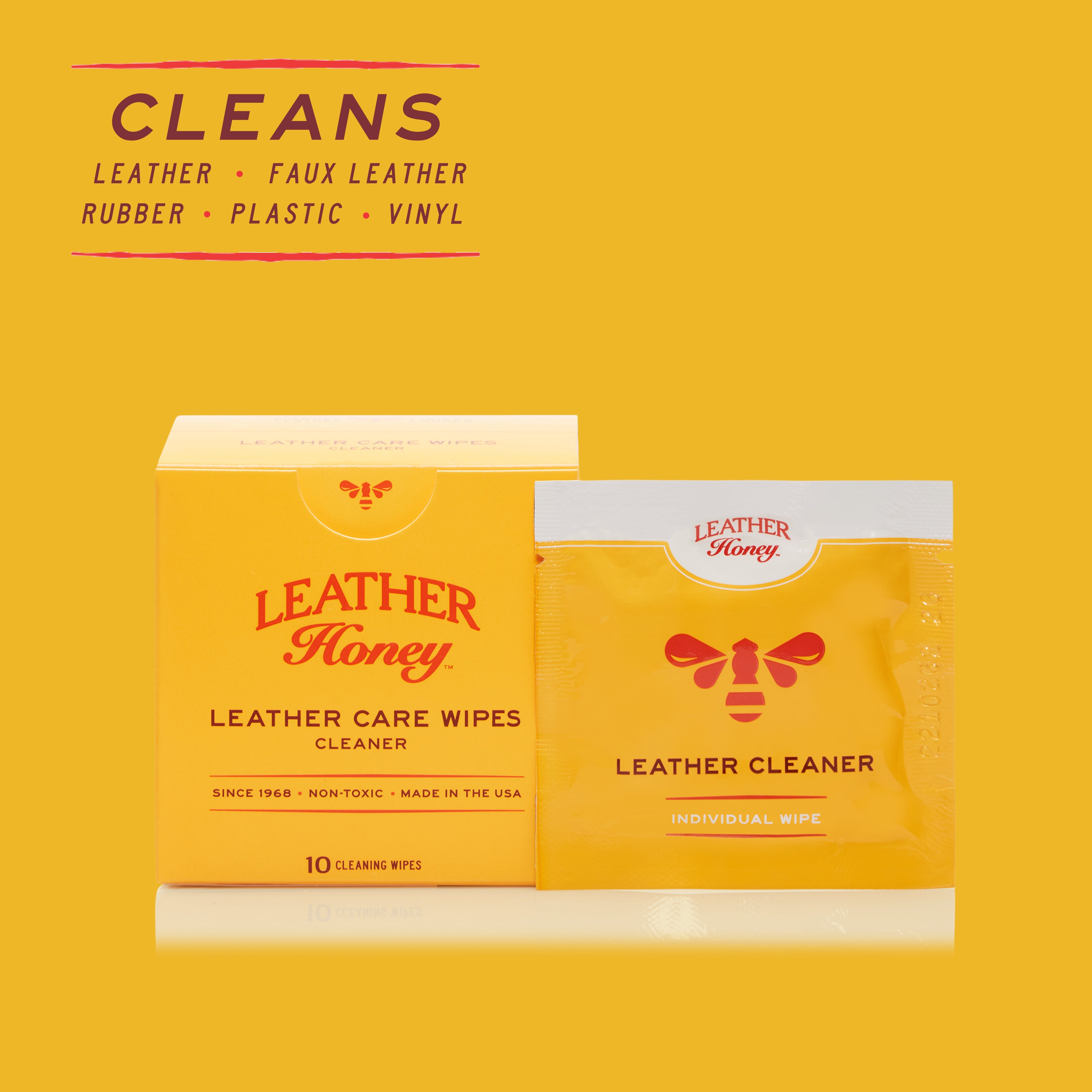 Leather Honey Leather Care Wipes in a 10-pack, showing soft, clean leather surface being treated with convenient wipes.